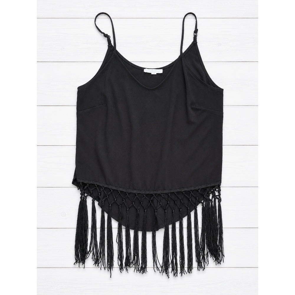 Lush (The Buckle) Black Fringe Macrame Hem Cami Tank Top Adjustable Straps‎ Med